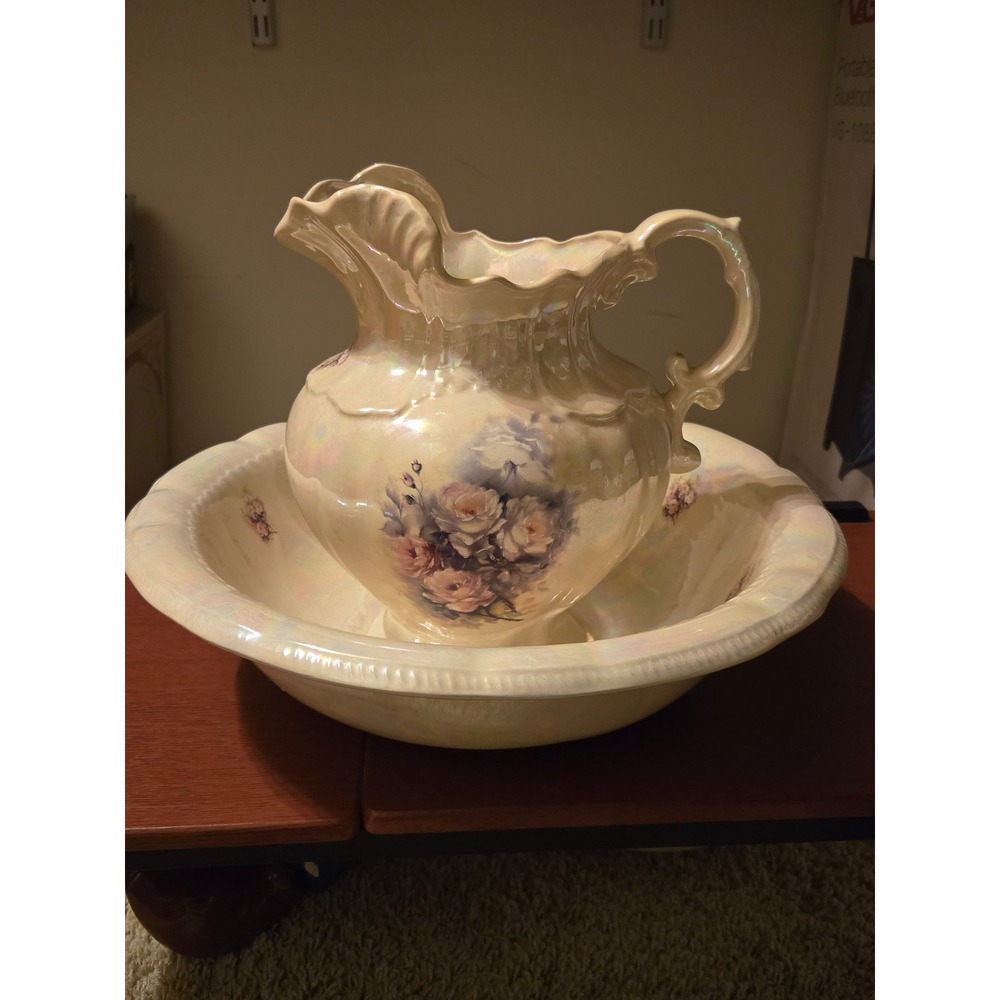 Vintage Iridescent Lusterware Pitcher and Wash Basin Set Floral Rose Ceramic